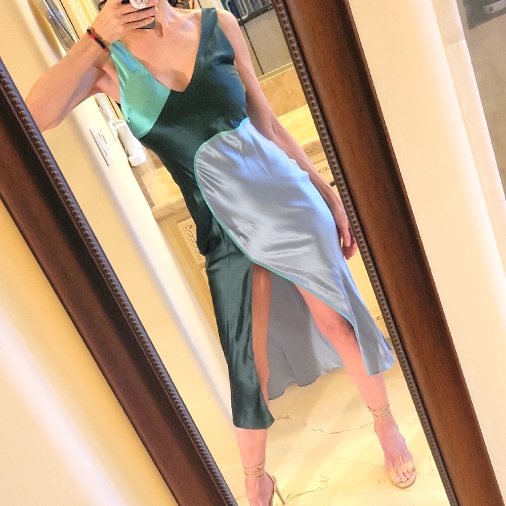 Lattelier 100% Silk Green/Gray  Sheath Midi Dress for Night Out w/ Front Slit, S - Picture 2 of 16